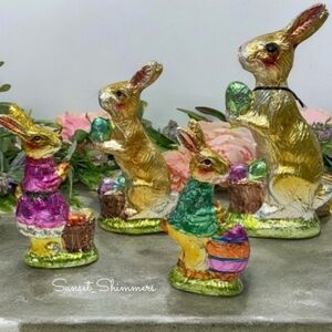 4pc Set Spring EASTER Gold Bunny Rabbit Faux FOIL CHOCOLATE Eggs Figurine Decor